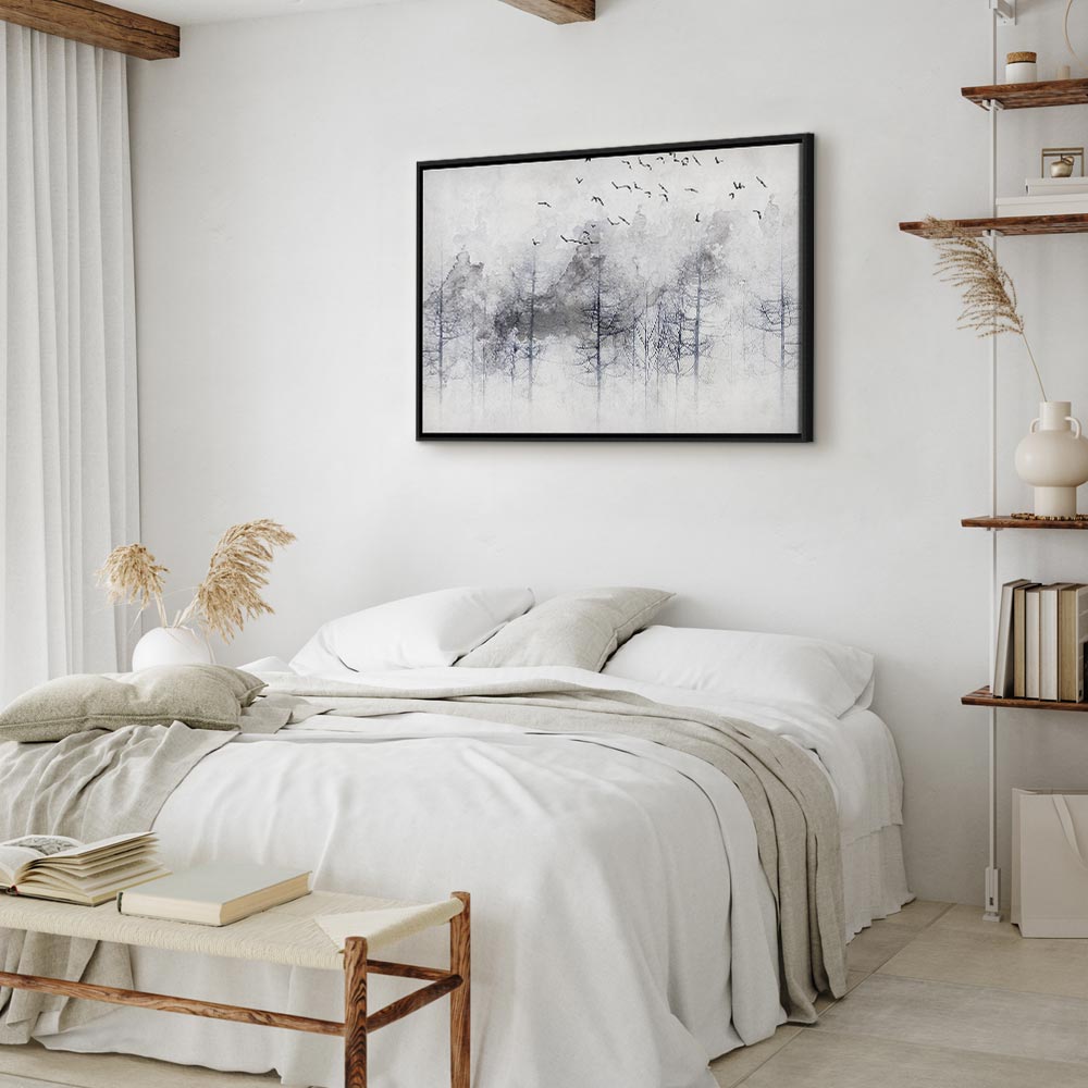 Canvas Print Misty Forest with Birds in Grey Tones - Image 17