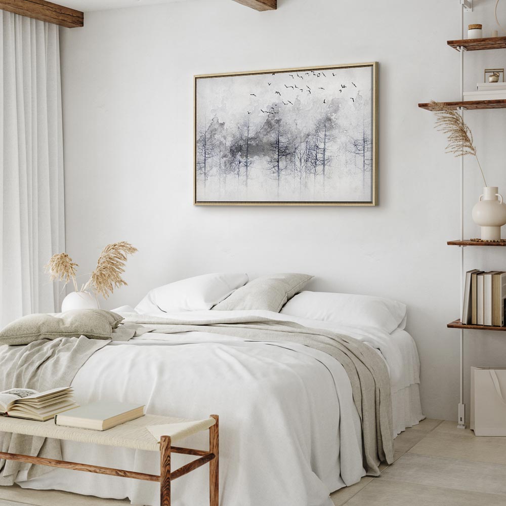 Canvas Print Misty Forest with Birds in Grey Tones - Image 23