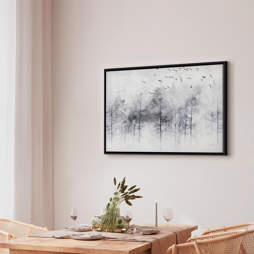 Canvas Print Misty Forest with Birds in Grey Tones - Image 18