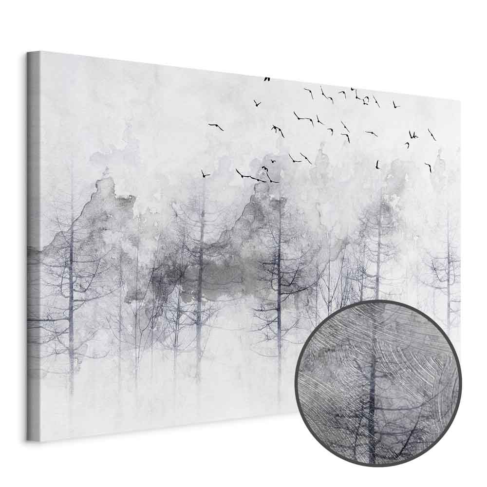 Canvas Print Misty Forest with Birds in Grey Tones - Image 9