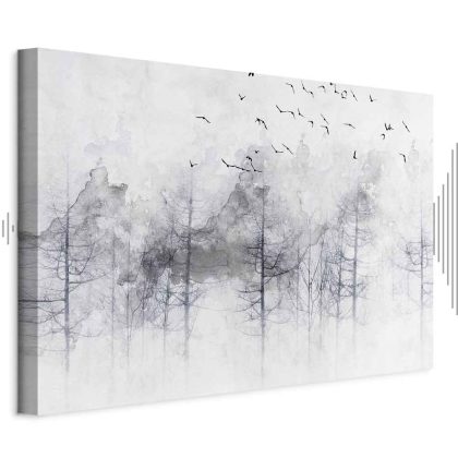 Canvas Print Misty Forest with Birds in Grey Tones