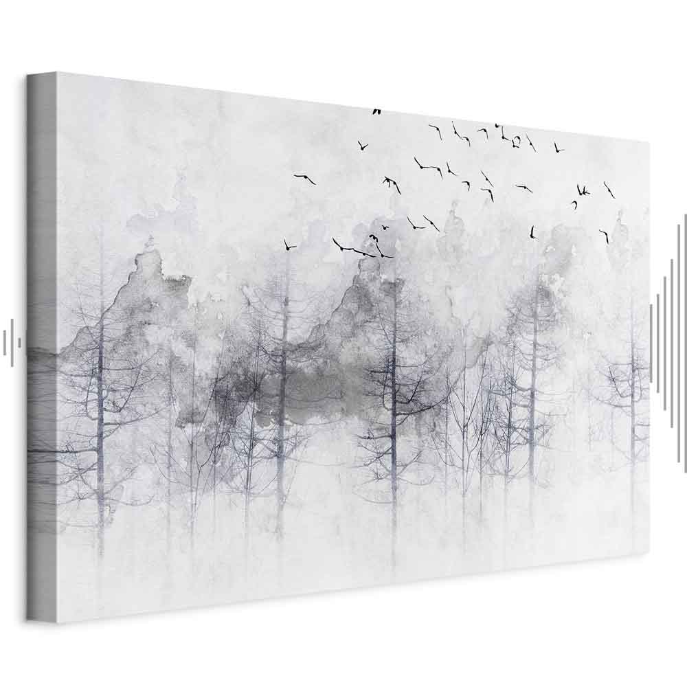 Canvas Print Misty Forest with Birds in Grey Tones