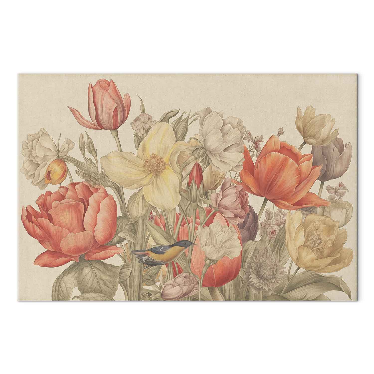 Leinwandbild Vintage Blumen mit Vogel