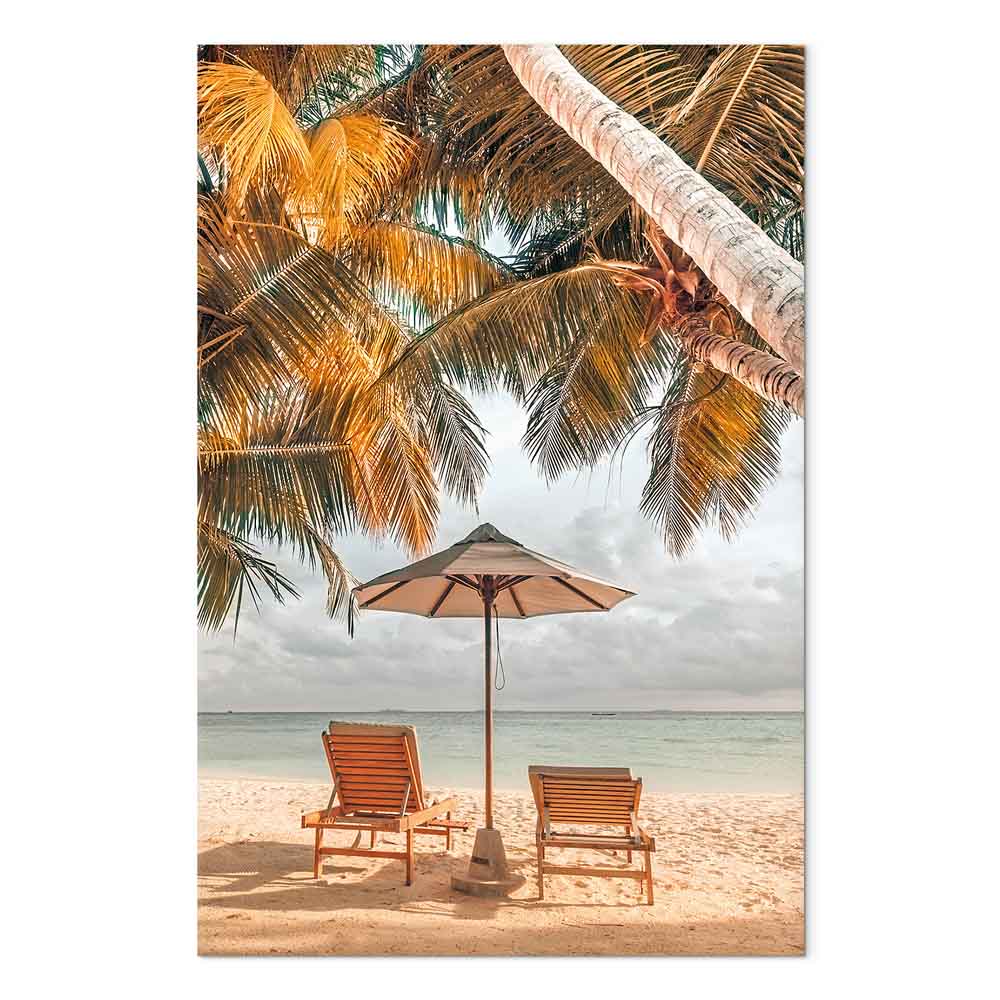 Canvas Print Sun Loungers under Palm Trees by the Sea - Image 2