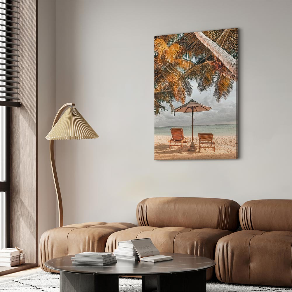 Canvas Print Sun Loungers under Palm Trees by the Sea - Image 3