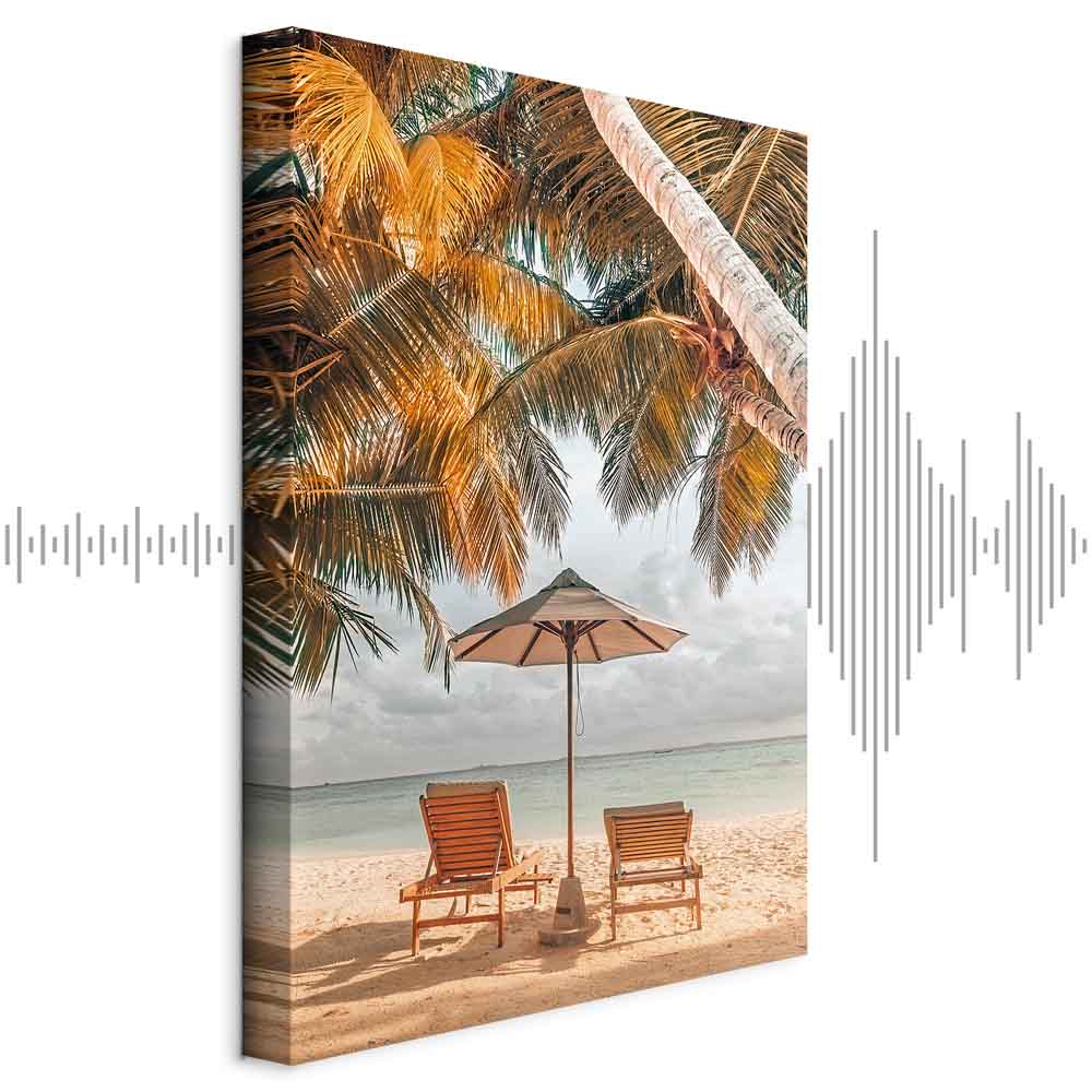 Canvas Print Sun Loungers under Palm Trees by the Sea