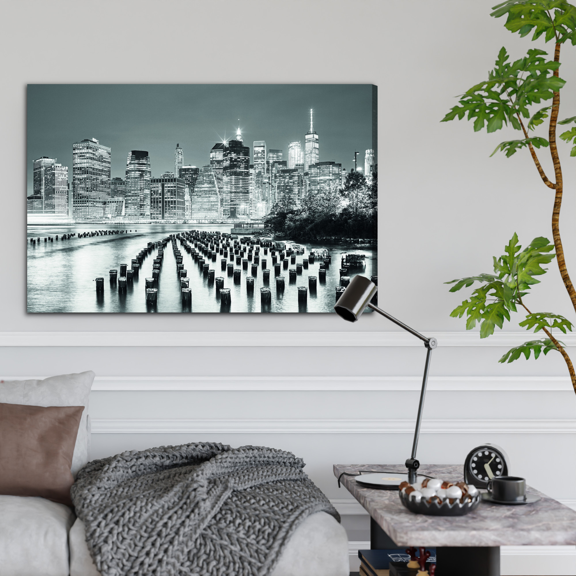 Leinwandbild New York bei Nacht schwarz weiß – Bild 3