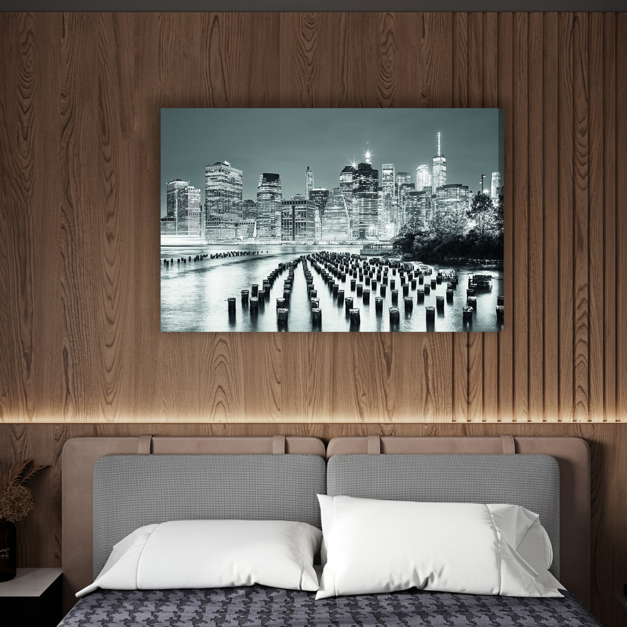Leinwandbild New York bei Nacht schwarz weiß – Bild 5