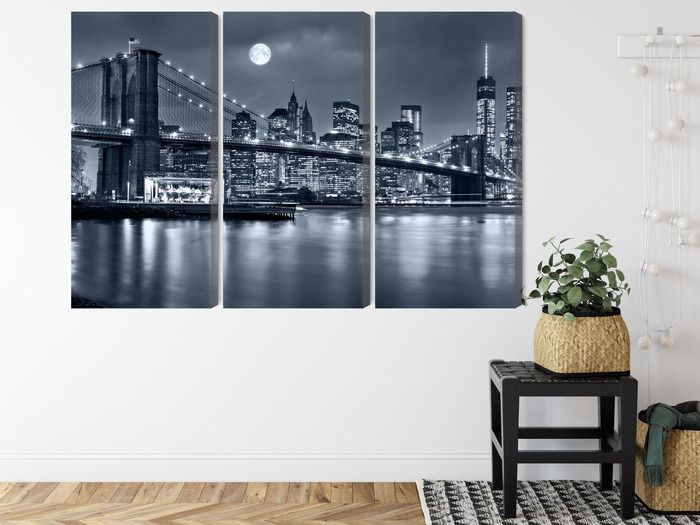 Nächtliches New York und Brooklyn Bridge. Mehrteiliges Leinwandbild. – Bild 7