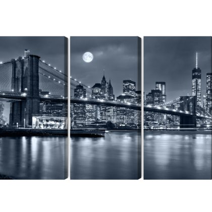 Night New York and Brooklyn Bridge. Multi-panel canvas print.