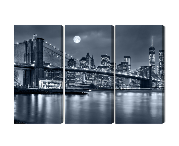 Nächtliches New York und Brooklyn Bridge. Mehrteiliges Leinwandbild.
