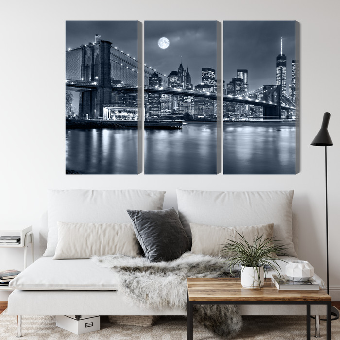 Nächtliches New York und Brooklyn Bridge. Mehrteiliges Leinwandbild. – Bild 3